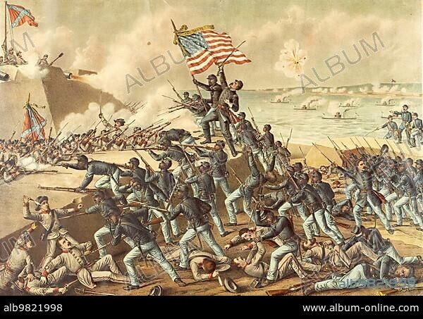 Fort Wagner or Battery Wagner was a beach fortification on Morris Island; South Carolina. US soldiers attacking Confederates at the fort; 18 July 1863; Historic; digitally restored reproduction from an original of the period; Fort Wagner or Battery Wagner was a beach fortification on Morris Island; South Carolina. US soldiers attacking Confederates at the fort; 18 July 1863; Historic; digitally restored reproduction from an original of the period.