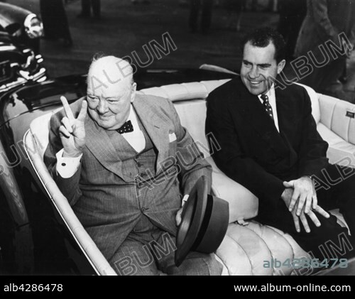 After his arrival at Washington, Winston Churchill leaving the airport with Richard Nixon. c.1960. United States.