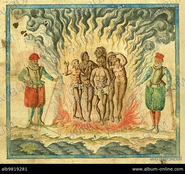 Torture; Spaniards; Spanish Conquistadors; Burning the Native Americans; c. 1550; Historical; digitally restored reproduction from a 19th century original.