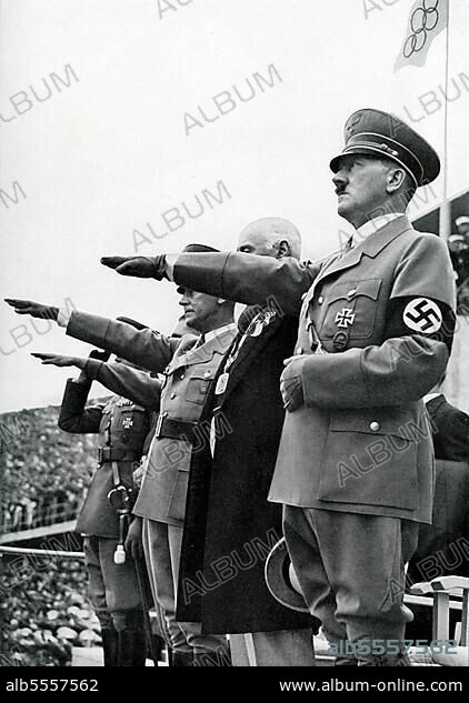 Adolf Hitler salutes the Olympic flag, Opening, Opening Ceremony, Nazi salute, XI. Olympics.