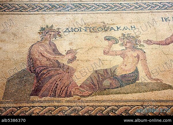 Mosaic in the House of Dionysos in the archaeological excavation site in Pafos, Paphos, Southern Cyprus, Cyprus, Europe.