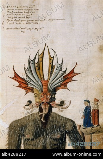 Dante Alighieri (1265-1321). Illustration from the 'Divine Comedy', Inferno (Hell), Canto XXXIV, 9th circle, Round 4 (Judecca): Dante and Virgil facing the Devil, Lucifer, the three faced beast. He is eating the Traitors to their Lords (Judas, Brutus and Cassius).. Commented and annotated version by Arnesto Pidi (manuscript Triv.1083). 1471-1480. Manuscript on paper (308 x 215 mm). Milan, Biblioteca Trivulziana.