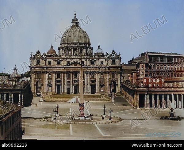 The Basilica of St. Peter in the Vatican, St. Peter's Square and St. Peter's Basilica, Vatican, c. 1880, Rome, Italy, Historical, digitally restored reproduction of a photo by Giorgio Sommer, coloured, Europe.