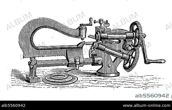Werkzeuge für die blechbearbeitung, 19. jahrhundert: eine schere für kreise, digital restaurierte Reproduktion einer Originalvorlage aus dem 19. Jahrhundert.