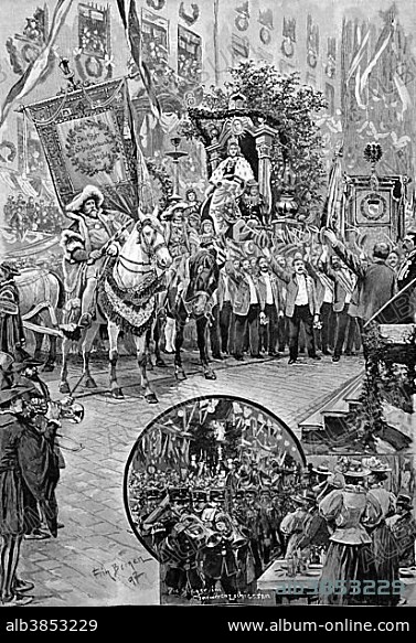 Presentation of the Federal banner of the German Shooting Association by the Mainz Shooting club to the city of Nuremberg, Marktplatz square, 12th Bundesschiesen shooting competition, historic wood engraving, about 1897.