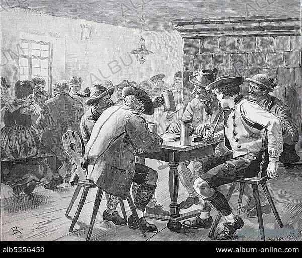 Wirtshaus in Bayern, Deutschland, Männer, die Bier trinken, Historisch, digital restaurierte Reproduktion einer Originalvorlage aus dem 19. Jahrhundert.