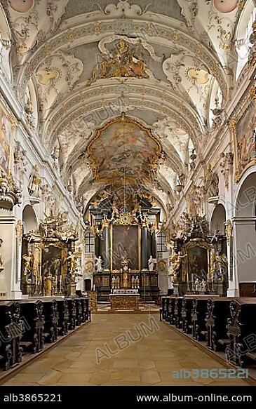 Benedictine monastery of St. Emmeram, St. Emmeram's Abbey, papal basilica, nave and high altar with a baroque interior by the Asam brothers, old town of Regensburg, Upper Palatinate, Bavaria, Germany, Europe.