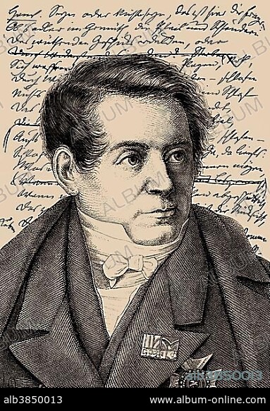 Historical manuscript, Shakespeare translation of Hamlet's "to be or not" monologue, portrait of August Wilhelm von Schlegel, 1767 - 1845, German literary historian, translator, writer, philosopher and Indologist.