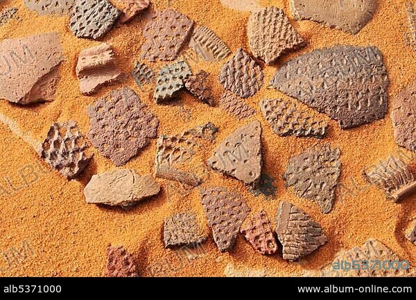 Pieces of historic pottery, Tadrart, Tassili n'Ajjer National Park, Unesco World Heritage Site, Algeria, Sahara, North Africa, Africa.