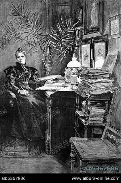 Emilie Wilhelmine Bertha Behrens, 1848 - 1912, also known as Wilhelmine Heimburg, a German writer, sitting in her study, historical illustration, wood engraving, about 1888.