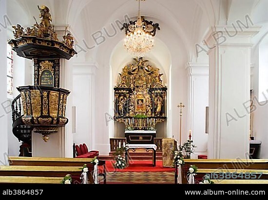 Hilfberg Church, Pilgrimage Church of Maria Hilf, miraculous image on the altar by Meinrad Guggenbichler, Mondsee, Salzkammergut, Austria, Europe.