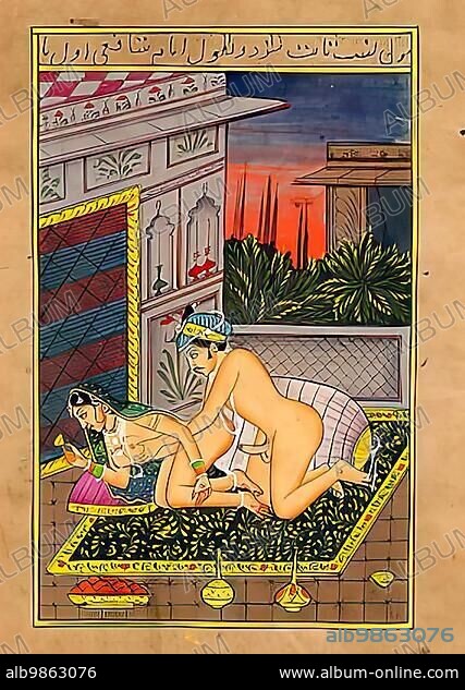 Depiction of an erotic scene, love scene, sex, in a 19th century edition of the Kama Sutra, textbooks on eroticism, India, Arabia, Historical, digitally restored reproduction of an original from the period, Asia.