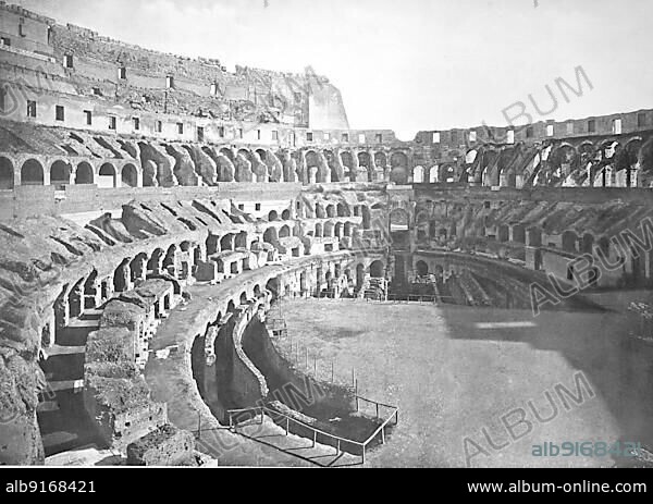 Historic photograph (c. 1880) of the Colosseum (Flavian Amphitheatre) or Colosseum, also, Amphitheatrum Flavium, Anfiteatro Flavio or Colosseo, an oval amphitheatre in the centre of the city of Rome, Italy, Historic, digitally restored reproduction of a 19th century original, exact original date unknown, Europe.