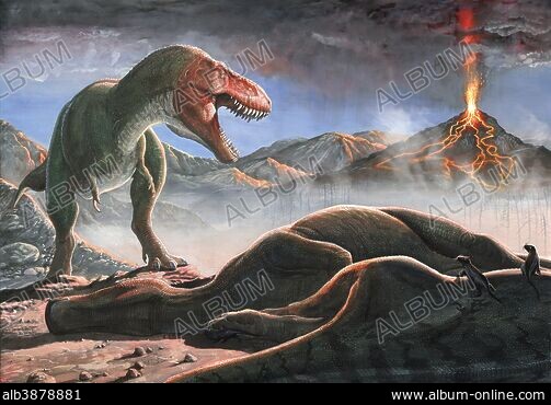 Tyrannosaurus rex fleeing from an asteroid strike - Stock Image