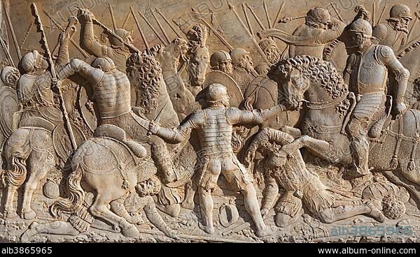 Bas-relief at the entrance of the Palace of Charles V, Palacio de Carlos V, Alhambra palace, Granada, Granada province, Andalusia, Spain, Europe.