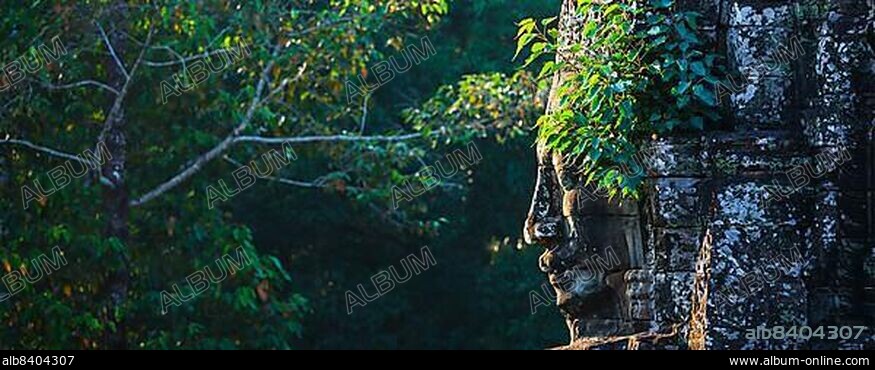 Panorama of ancient stone face of Bayon temple, Angkor, Cambodia with growing plants.