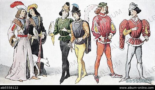 Kleidung, der ersten Hälfte des 15. Jahrhunderts, französische Gesellschaft, adlige Jugend der Falknerei, digital verbesserte Reproduktion eer Illustration aus dem 19. Jahrhundert, Mode in Frankreich.