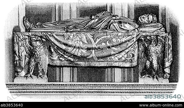 Historical illustration from the 19th Century, the tomb in the Church of Santa Croce of Leonardo Bruni, 1369 - 1444, an Italian humanist and chancellor, Florence, Italy, Europe.