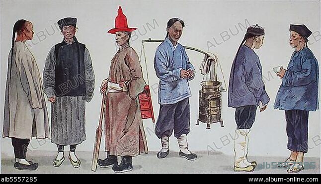 Kleidung, Mode in China, um das 19. Jahrhundert, Volkstrachten, von links, ein Diener, ein einfacher Mann aus Nordchina in Wintertracht, ein Hofdiener, ein Straßenkellner in wattierter Jacke, ein Mann aus dem einfachen Volk und ein Landmann mit Filzhut, digital restaurierte Reproduktion einer Originalvorlage aus dem 19. Jahrhundert.