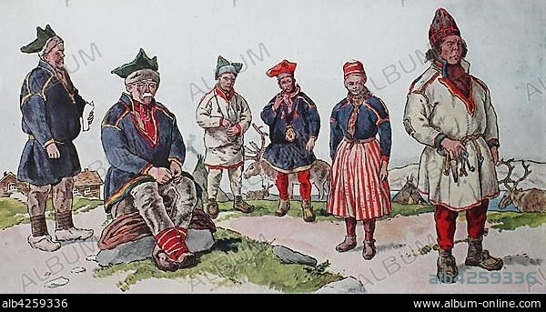 People in traditional costumes, fashion, clothes, costumes of the people of the Lappen in the north of Norway around the 19th century, illustration, Norway, Europe.
