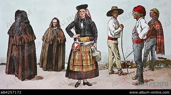 Fashion, clothes in Portugal, 19th century, illustration, Italy, Europe.