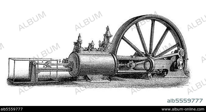 Dampfmaschinen des 19. Jahrhunderts, Typus einer liegenden Einzylindermaschine mit Sulzer Steuerung, digital restaurierte Reproduktion einer Originalvorlage aus dem 19. Jahrhundert.