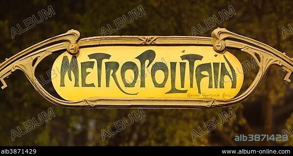 Entrance sign to the Metro, designed by Hector Guimard, Paris, Ile-de-France, France, Europe.
