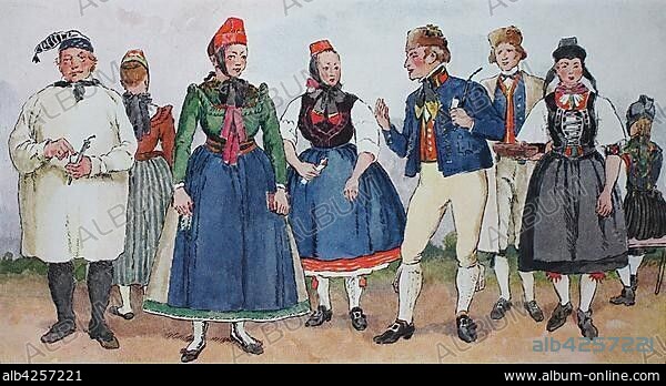 People in traditional costumes, fashion, clothes in Germany, costumes from Hesse, about 19th century, illustration, Germany, Europe.
