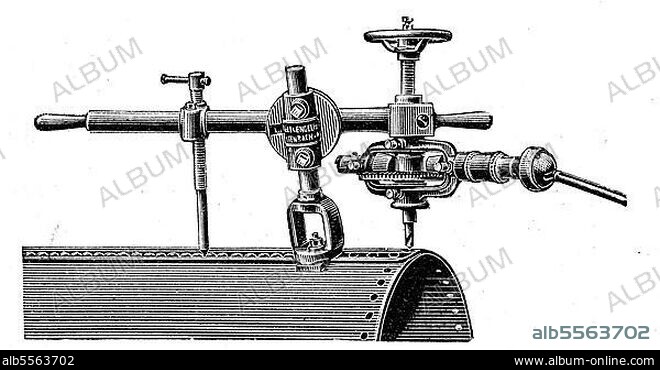 Illustration einer tragbaren elektrischen Bohrmaschine von Coolet & Engelhard, Offenbach am Main, Deutschland, 1885, Historisch, digital restaurierte Reproduktion einer Originalvorlage aus dem 19. Jahrhundert, genaues Originaldatum nicht bekannt.