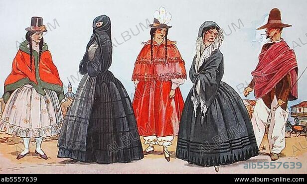 Kleidung, Mode in Südamerika, Peru, Kolumbien um das 19. Jahrhundert, von links, eine peruanische Wirtin in Festtagstracht um 1825-1830, eine Dame aus der peruanischen Stadt Lima, zwei Damen aus Arequipa und ein Mann aus Honda am Rio Magdalena, Kolumbien, digital restaurierte Reproduktion einer Originalvorlage aus dem 19. Jahrhundert, South America.
