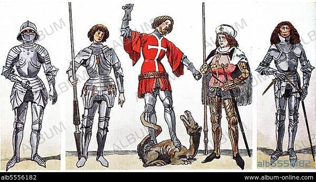 Kleidung, Mode, Ritterkostüme in Deutschland im 15. Jahrhundert, von links, die Rüstung des Grafen Eitel Friedrich I. dann zweimal die des Heiligen Georg, dann die des Heiligen Gereon und des Ritters Konrad von Schauenburg, digital verbesserte Reproduktion einer Illustration aus dem 19. Jahrhundert.