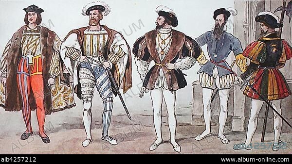 Clothing, fashion in France at the time of the Renaissance around 1500-1575, illustration, France, Europe.
