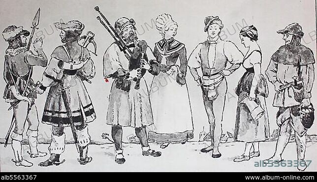 Mode, Kleidung in Deutschland, um 1500, von links, zwei Jäger, ein Ritter, ein leicht bewaffneter Reiter und ein Ritter um 1375, digital restaurierte Reproduktion einer Originalvorlage aus dem 19. Jahrhundert, genaues Originaldatum nicht bekannt.