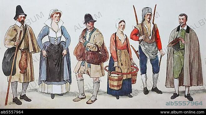 Mode, Kostüme, Kleidung der Bürger und Bauern in Frankreich zur Zeit der spanischen Mode um 1560-1590, von links, Straßenverkäufer von Schuhfett in Paris um 1586, ein Bauer aus Saumur in Straßenkleidung, ein Bauer aus Saumur geht auf den Wochenmarkt, eine Magd in Wasser, um 1590, ein Portier in Paris, um 1590 und ein Pariser Bürger, digitale verbesserte Reproduktion nach einem Original aus dem Jahr 1900.