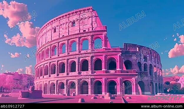 Stylized image of the Colosseum in Rome with a pastel sky, illustration, AI generated.