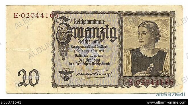 Front of banknote, Reichsbank, value 20 Reichmarks, 1939, Germany, Europe.