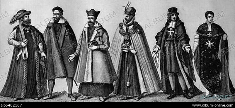 Cultural history of the orders, from left: habit of the Golden Fleece, secular, cleric German Teutonic Knights, Knight of the Garter, the Grand Master of St. John, Saint Spirit Knights, historical illustration.