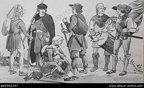 Mode, Kleidung in Deutschland, um 1500, Bauern aus der Zeit des großen Bauernkrieges von 1524, 1525, digital restaurierte Reproduktion einer Originalvorlage aus dem 19. Jahrhundert, genaues Originaldatum nicht bekannt.