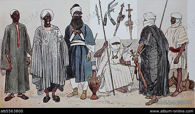 Kleidung, Mode in Afrika, Westafrika, von links, ein Mann aus Kordofan, ein Mann aus Bornu, ein Mann der Tuareg, ein Mann der Tibbu, Tebu oder auch Tubu in Grußhaltung und zwei weitere Männer der Tibbu, digital restaurierte Reproduktion einer Originalvorlage aus dem 19. Jahrhundert.