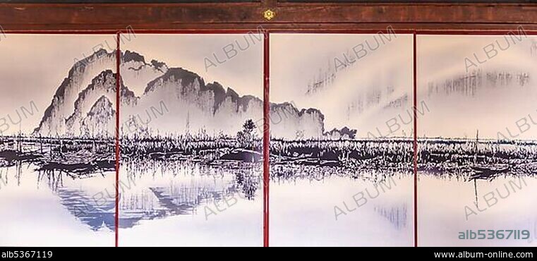 Painting of a landscape on a paper wall, Shoji, Kennin-ji, Kenninji Temple, Komatsucho, Kyoto, Japan, Asia.