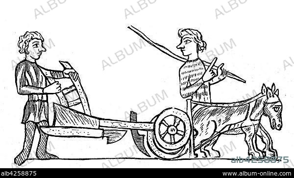 The drawing shows peasants doing field work with the plow and the animals in the 13th century, woodcut, France, Europe.