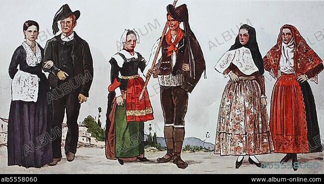Mode, der Neuzeit, im 18. und 19. Jahrhundert, von lks, Paar aus der Gegend von Cosenza, Kalabrien, Paar aus Nicastro, Kalabrien und zwei Frauen aus Osilo, der Nähe von Sassari, im Norden Sardiens, digital verbesserte Reproduktion eer Illustration aus dem 19. Jahrhundert, Kleidung in Italien.