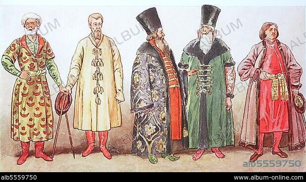 Mode, Kleidung in Russland im 16. 17. Jahrhundert, von links, ein Bojar im Feldkleid um 1600, Zar im Hausstil um 1550, zwei Bojaren im 16. Jahrhundert und ein Bojar im 17. Jahrhundert, digitale verbesserte Reproduktion nach einem Original aus dem Jahr 1900.