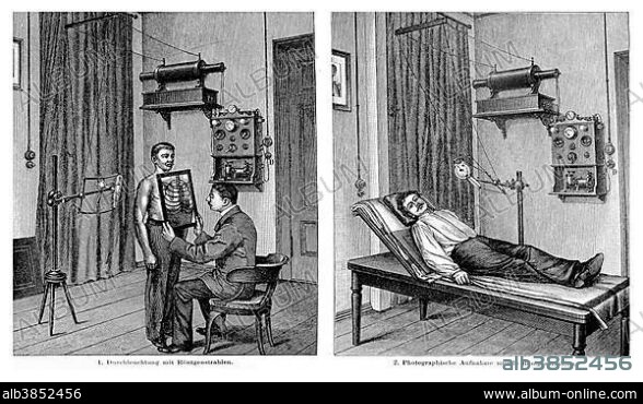 X-ray machines I, illustration, Meyers Konversations-Lexikon encyclopedia, 1897.