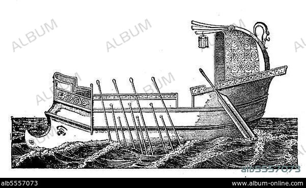T, Trireme, Dreiruderer, war ein rudergetriebenes Kriegsschiff des Altertums, vom 6. bis zum 3. Jahrhundert v. Chr. das wichtigste Kriegsschiff der Seemächte im Mittelmeer, digital restaurierte Reproduktion einer Originalvorlage dem 19. JahrhundertTriere aus Griechenland.