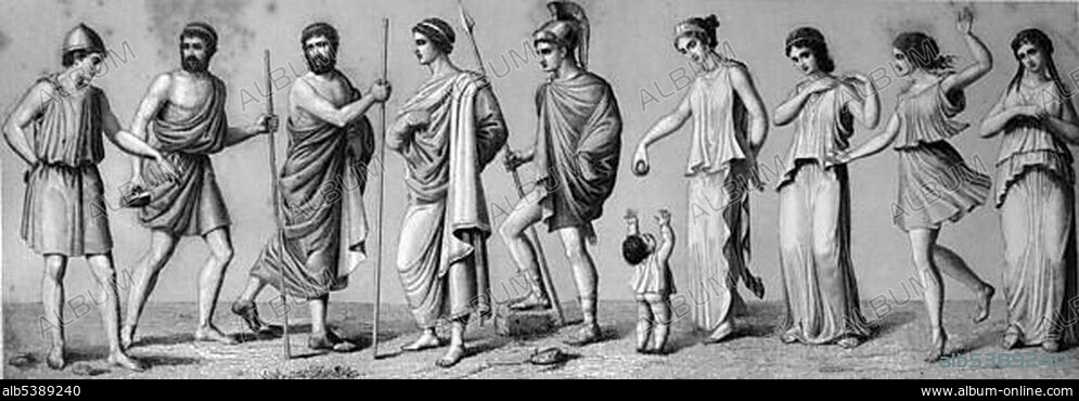 Greek costumes: from left, 1. chiton 2. exomis 3./4. himation 5. chlamys 6. children's dress 7./8. women's chiton 9. Doric chiton 10. double chiton, historical illustration.