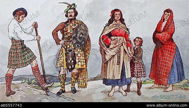 Mode, Kostüme, Kleidung im Schottland des 19. Jahrhunderts, von links, ein Mann aus dem Clan Rose, dann ein Mann aus dem Clan Buchanan, dann eine Frau und ein Junge aus dem Clan Mattheson und ein Mädchen aus dem Clan Sinclair, digital verbesserte Reproduktion einer Illustration aus dem 19. Jahrhundert.