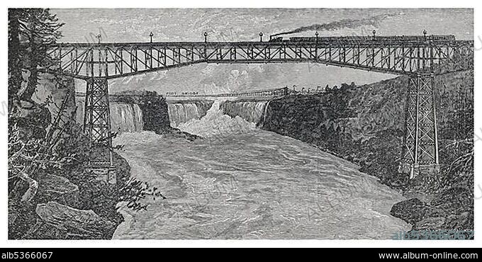 Niagara Cantilever Bridge or Michigan Central Railway Cantilever Bridge, a cantilever bridge over the Niagara Gorge used as international railway bridge between Canada and the USA, historic engraving, 19th Century, from the book by I Solskin Hjemmet, Ung og Gammel, Battle Creek, Michigan, 1893.