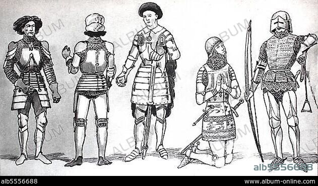 Kleidung, Mode, Ritterkostüme im Spätmittelalter, von links, burgundische Rüstung mit Plattenpanzer über Kettenhemd und Barett um 1450, eine burgundische Rüstung um 1425, eine englische Rüstung im 15. Jahrhundert, eine englische Rüstung mit Kettenhemd, Kettenhaube und über Schienen, im 14. Jahrhundert, ein französischer, berittener und gepanzerter Bogenschütze, digital verbesserte Reproduktion einer Illustration aus dem 19. Jahrhundert.