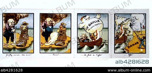 Anti-Semitic satirical cartoon after the failed landing in Dakar (Senegal). Churchill and de Gaulle considered as a spineless character.. 1940. France - World War II. Paris. Bibliothèque nationale.